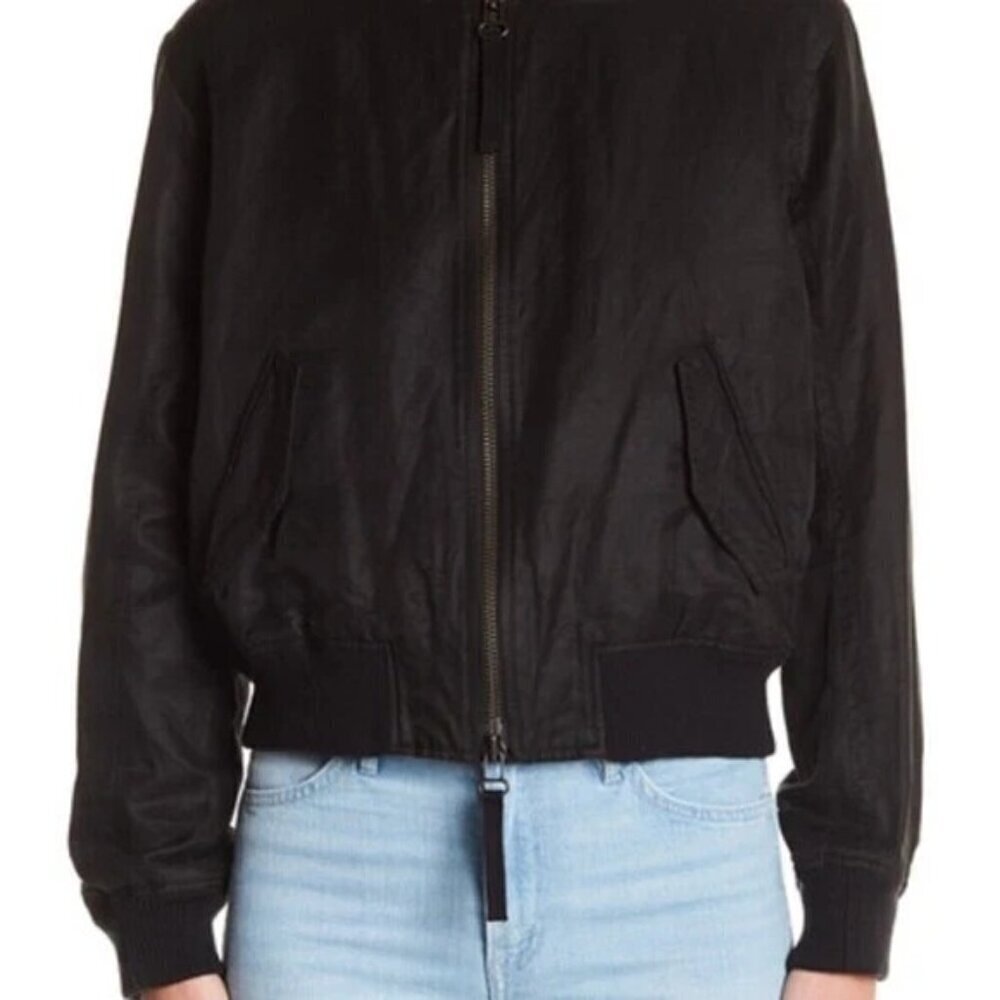 VINCE Linen Wool Blend Crop Bomber Jacket Pockets Classic Black size Large - Picture 3 of 11